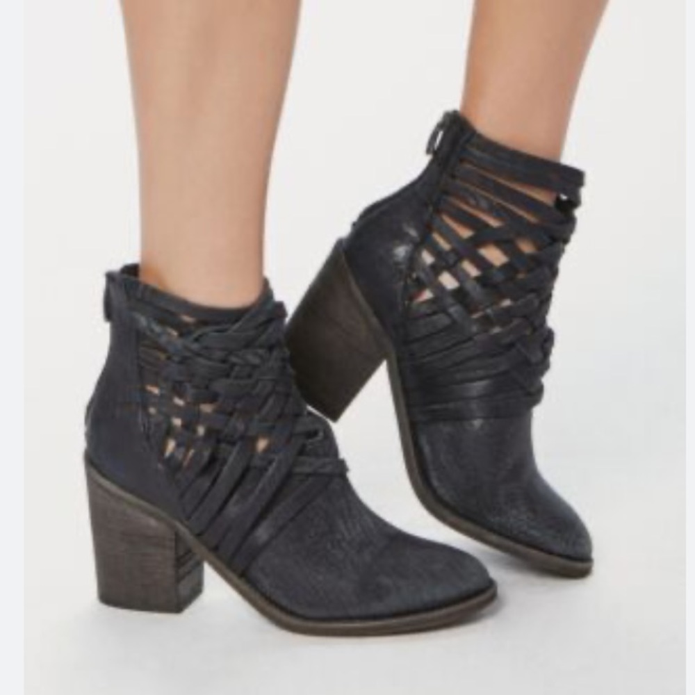 Free People Carrera woven black leather heeled boots booties